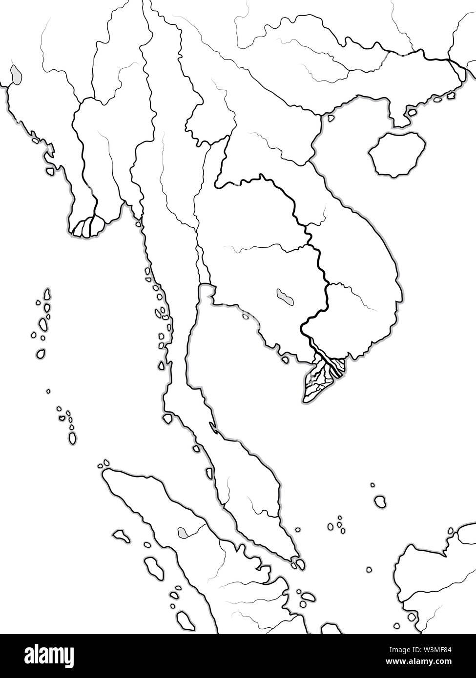 Weltkarte der Indochina: Südasien, Indochinesische Halbinsel, Thailand, Siam, Vietnam, Laos, Kambodscha, Singapur, Malaysia, Malacca, Burma, Myanmar. Stockfoto