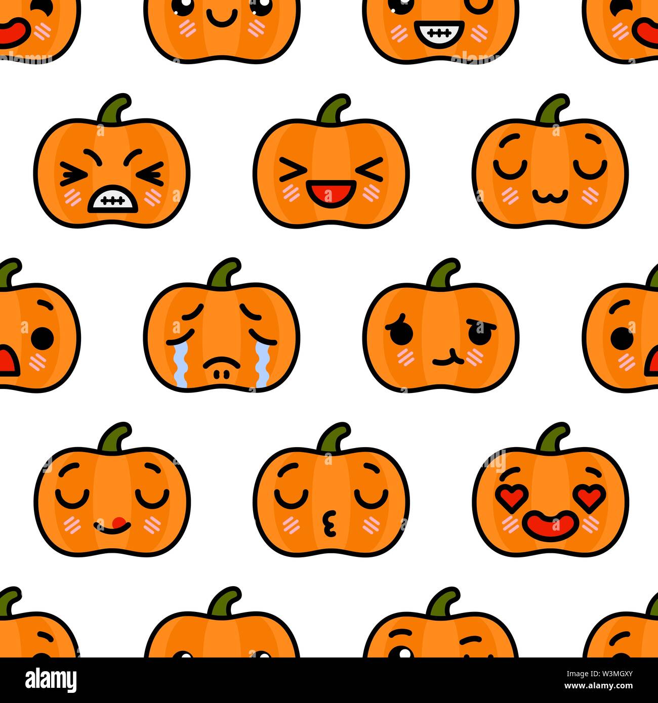 Nahtlose Muster mit niedlichen Kawaii emoji Halloween Kürbis. Vektor Cartoon Illustration Stock Vektor