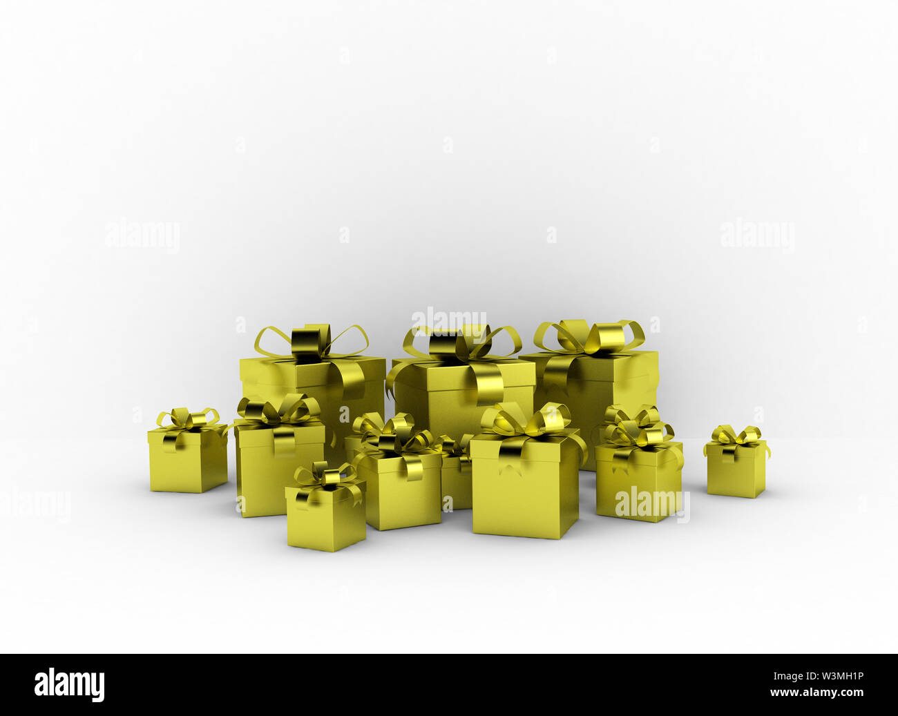 Golden Geschenkboxen auf weißem Hintergrund Stockfoto