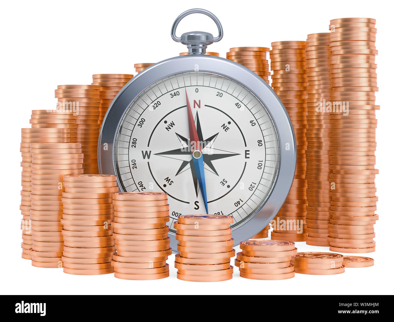 Kompass mit wachsenden Diagramm von Goldmünzen um. 3D-Rendering auf weißem Hintergrund Stockfoto