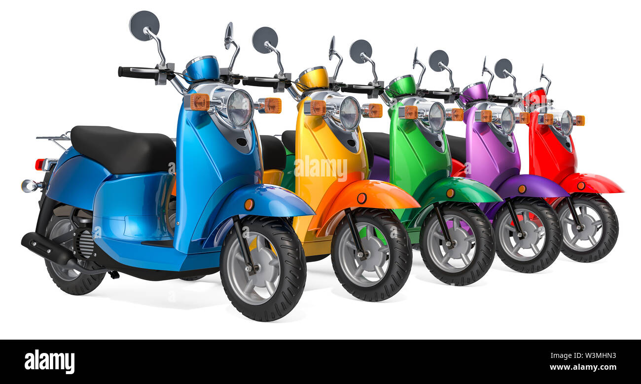 Reihe von klassischen Motorroller oder elektrische Mopeds, 3D-Rendering auf weißem Hintergrund Stockfoto