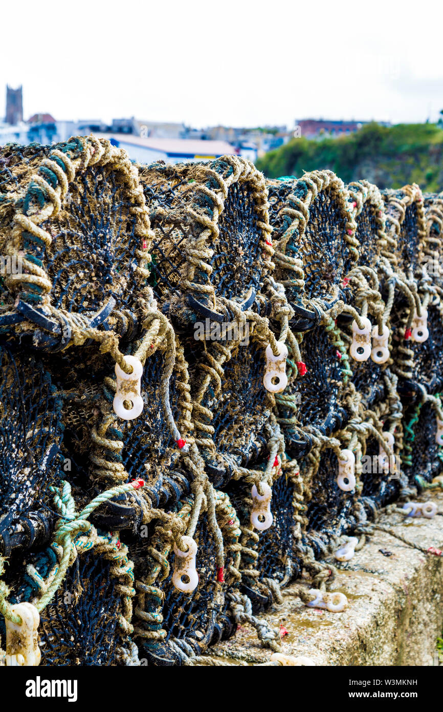 Krabben Fischen creel Körbe Käfigen in den Hafen von Newquay, Cornwall, Großbritannien Stockfoto