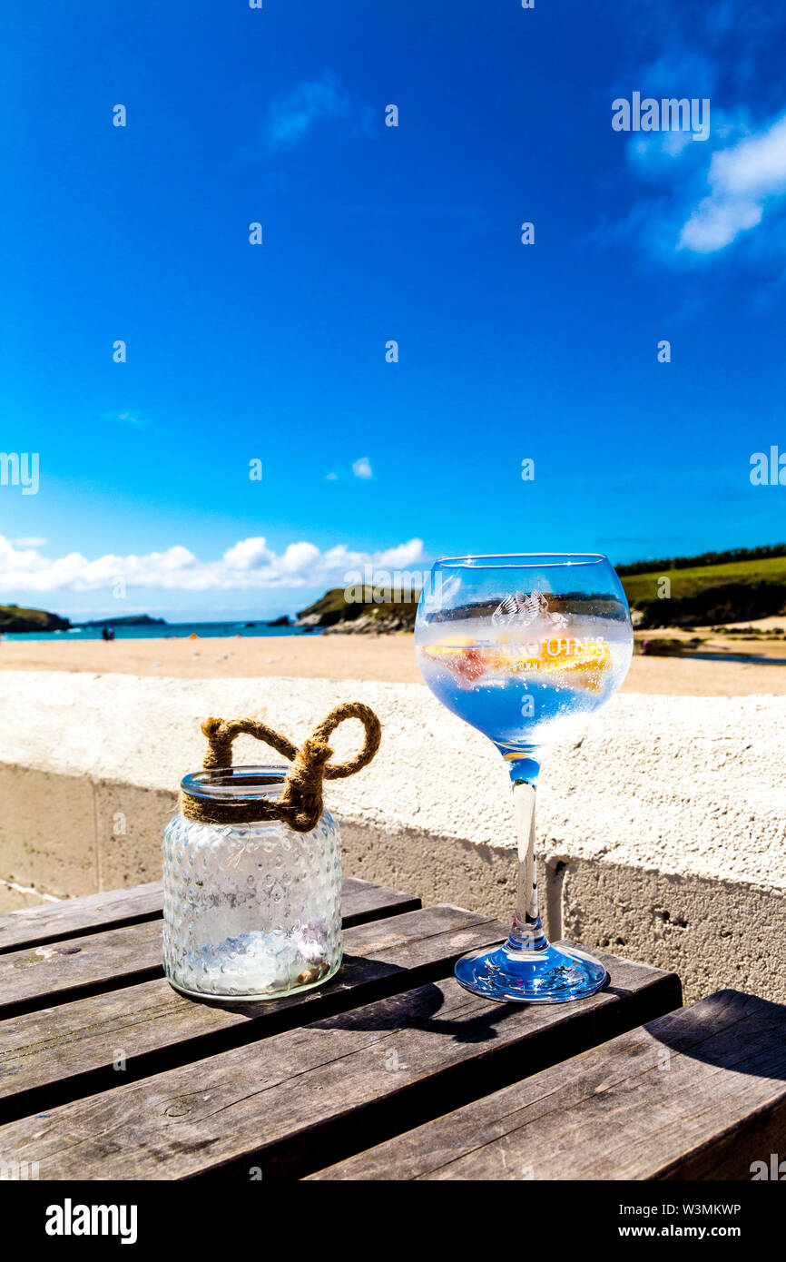 Glas Gin und Tonic mit erfrischenden Zirkus Früchte (das Mermaid Inn, Porth Beach, Newquay, Cornwall, UK) Stockfoto