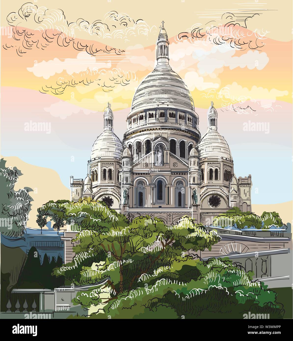 Bunte Vektor hand Zeichnung Abbildung des Montmartre, Wahrzeichen von Paris, Frankreich. Stadtbild mit Basilika Sacre Coeur. Bunte vektor Illustration, Stock Vektor