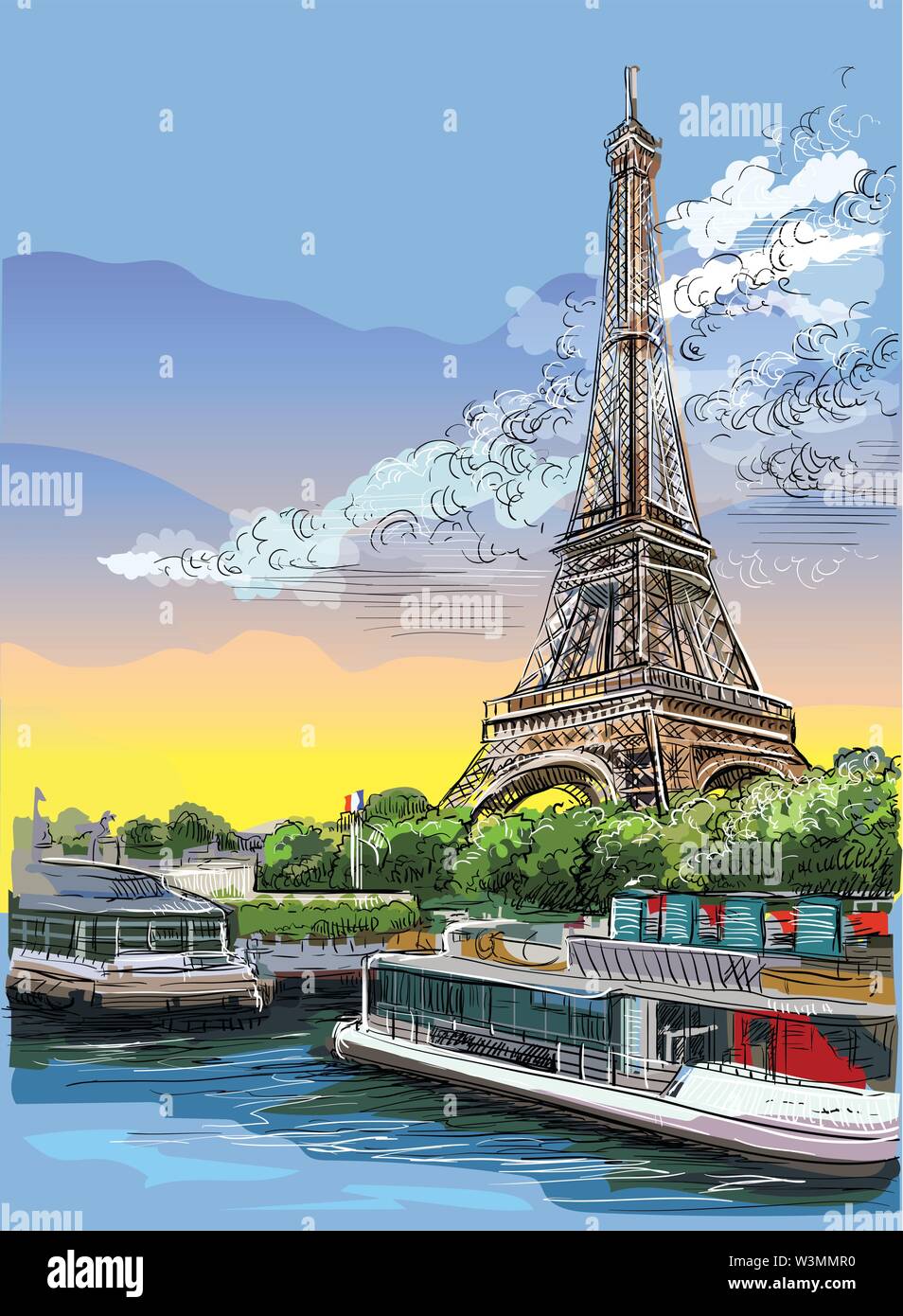Bunte Vektor hand Zeichnung Abbildung: Eiffelturm, Wahrzeichen von Paris, Frankreich. Stadtbild mit dem Eiffelturm, mit Blick auf Seine River Embankment. Col Stock Vektor