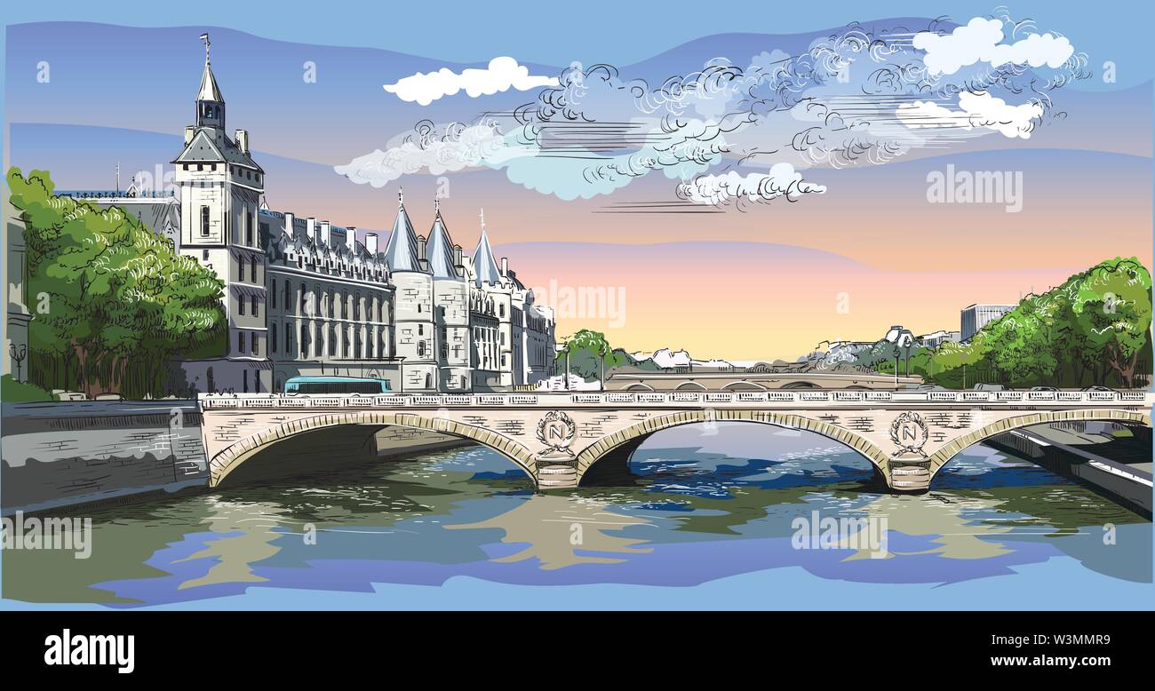 Bunte Vektor hand Zeichnung Abbildung: Das Schloss von Conciergerie, Wahrzeichen von Paris, Frankreich. Panoramablick auf das Stadtbild mit Conciergerie. Bunte v Stock Vektor