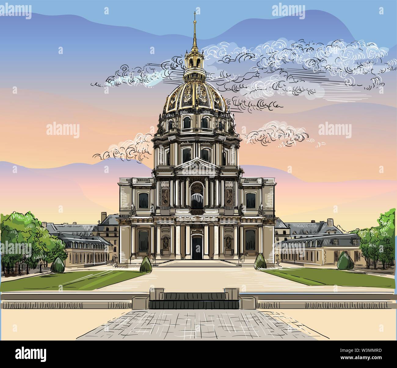 Bunte Vektor hand Zeichnung Abbildung der Nationalen Residenz der Invaliden, Wahrzeichen von Paris, Frankreich. Bunte vektor Illustration, Stadtbild von Stock Vektor