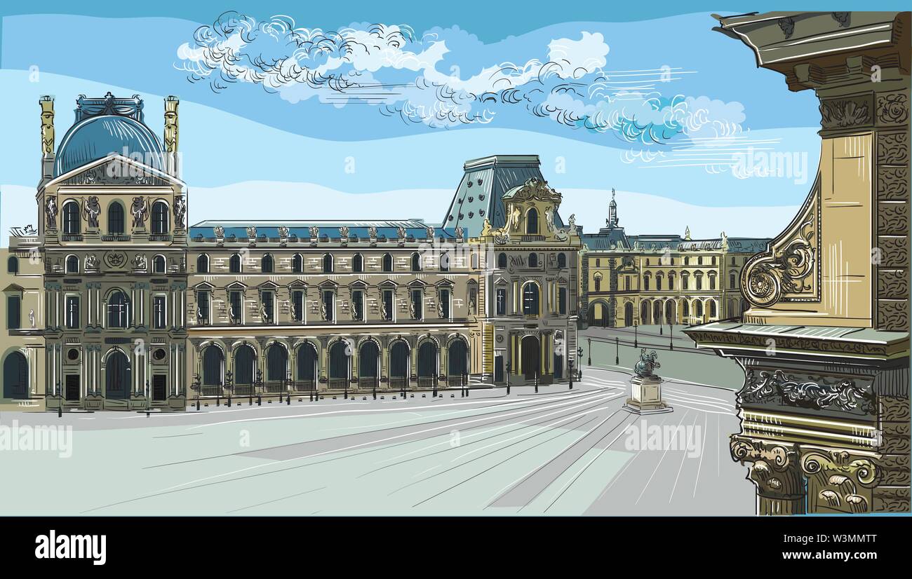 Bunte Vektor hand Zeichnung Abbildung: Louvre Museum, das Wahrzeichen von Paris, Frankreich. Stadtbild mit Louvre Museum. Bunte Vektor-illustration, cit Stock Vektor