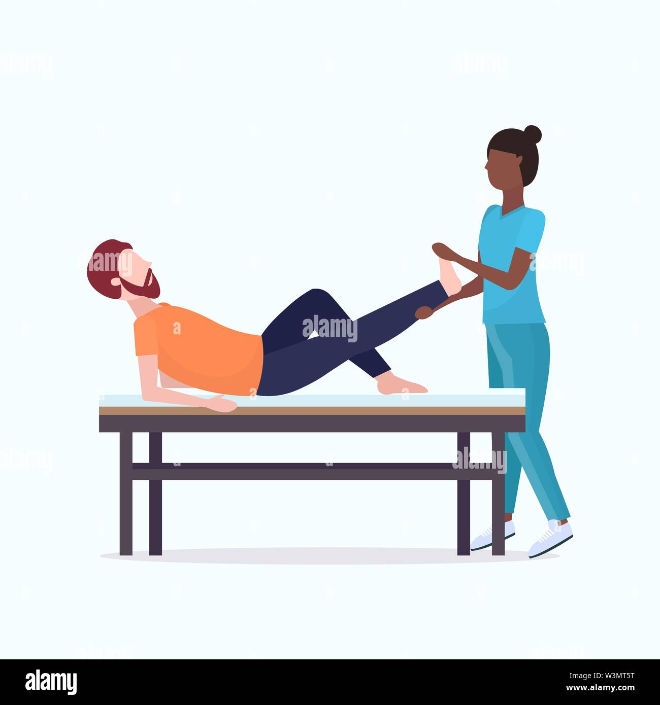 Guy liegen auf Massage bed afrikanische amerikanische Masseurin Therapeut tun Heilung Massage patient verletzte Bein Handbuch sport Physikalische Therapie Stock Vektor