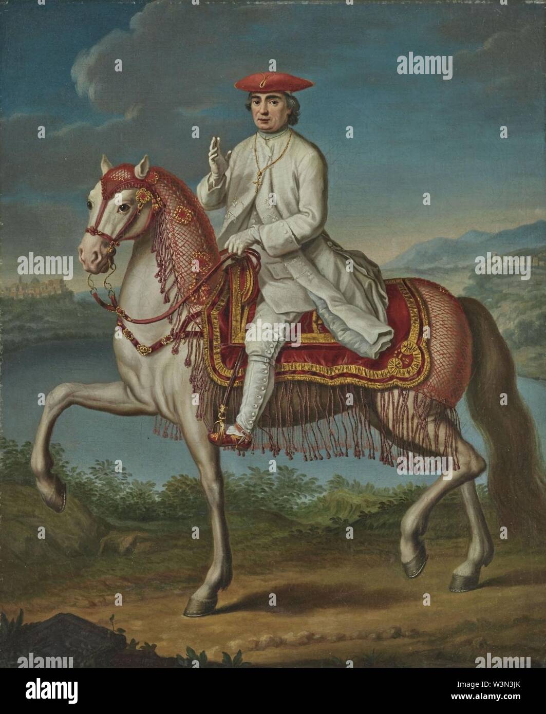 Clemente XIV a Cavallo di Fronte a Castelgandolfo. Stockfoto