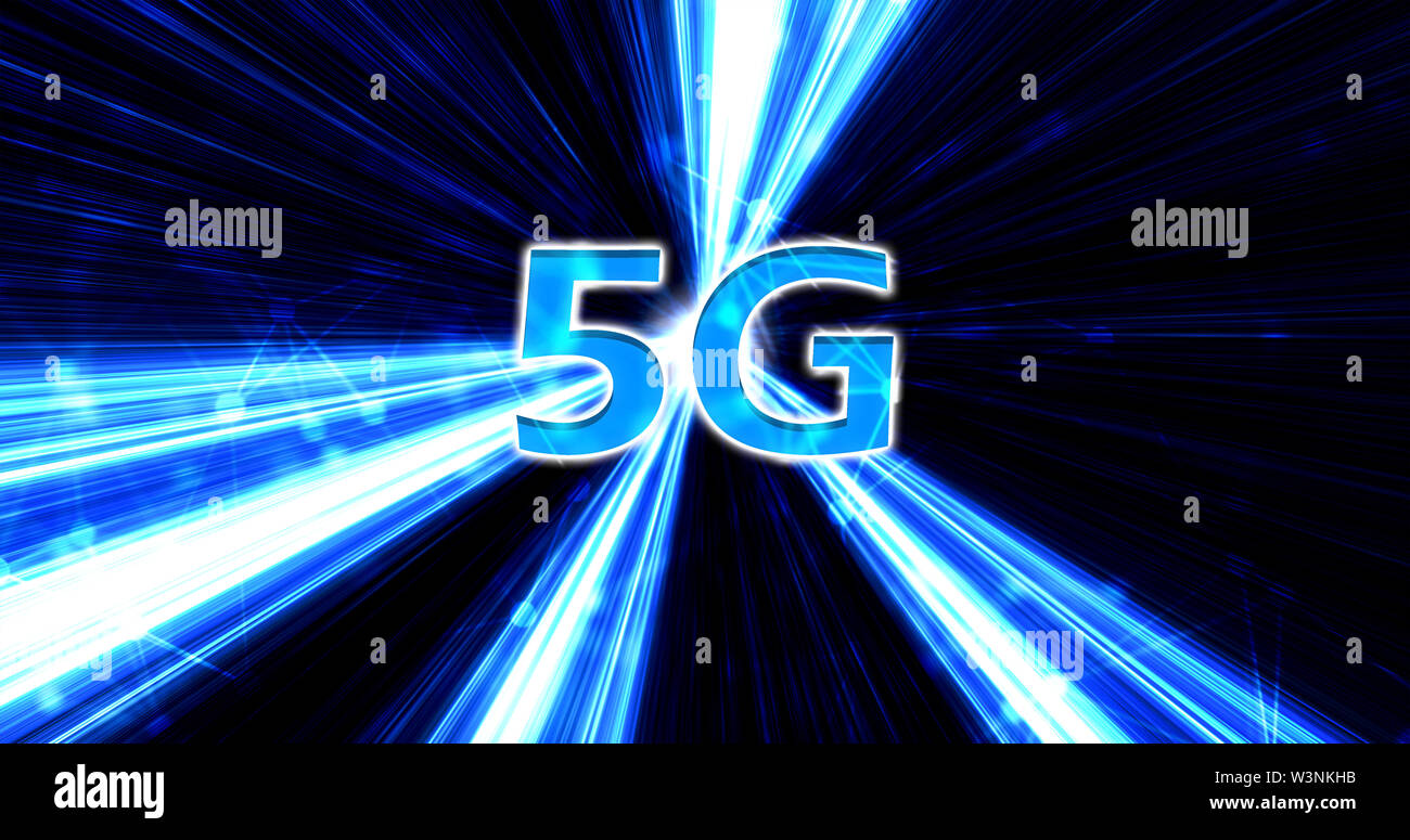 Kreative leuchtende 5G Kulisse. Mobile Internet Konzept. 3D-Rendering. 5 G Loop Stockfoto