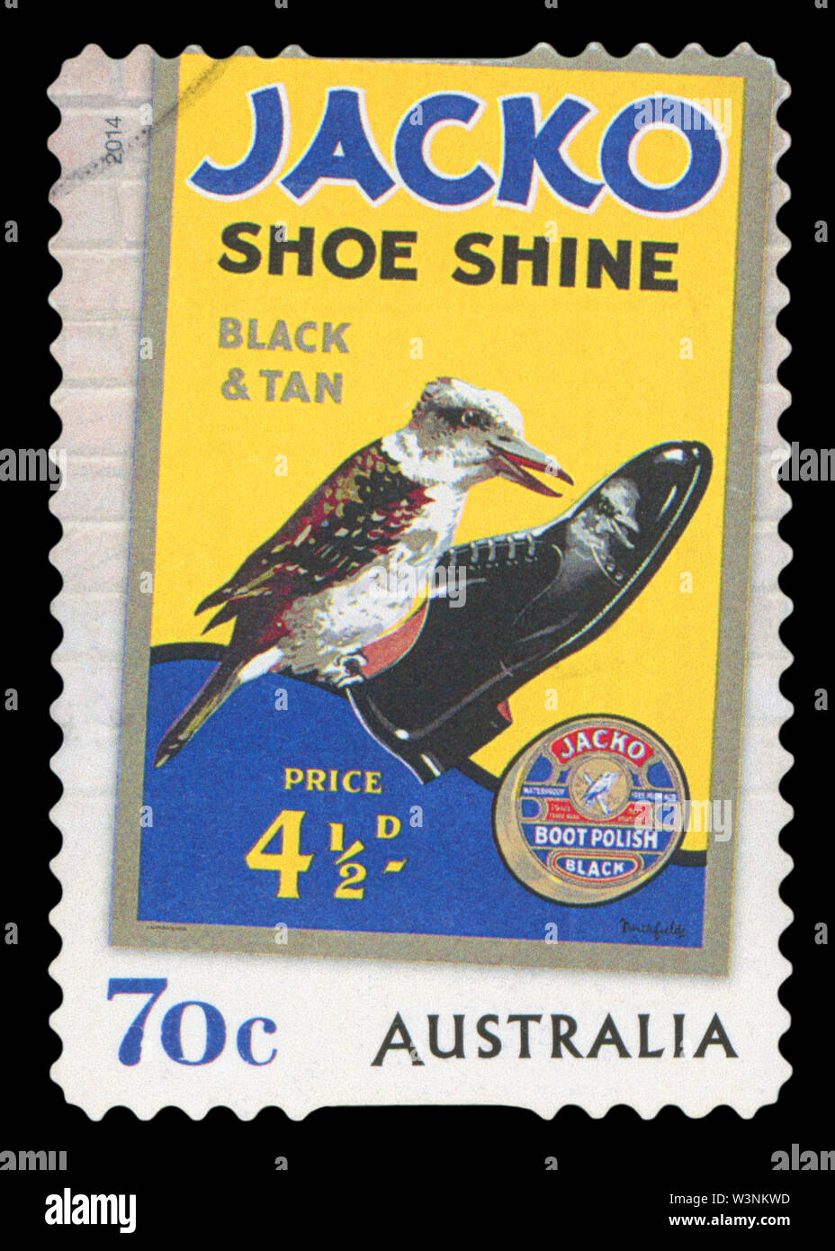 Australien - ca. 2014: eine stornierte Briefmarke aus Australien, alte Werbung für Jacko, Schuhputzmaschine/-service, Black & Tan, circa 2014. Stockfoto
