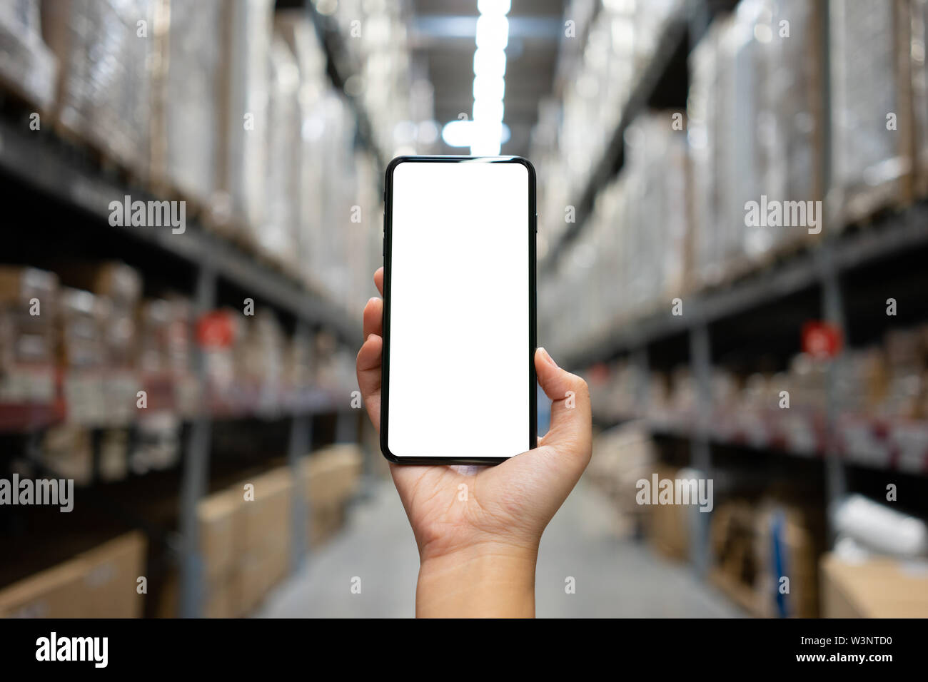 Mockup Bild der Frau Hand mobile Smartphones isoliert weißer Bildschirm für mockup Design und andere App Anzeige Hintergrund. Grafik Design montag Stockfoto
