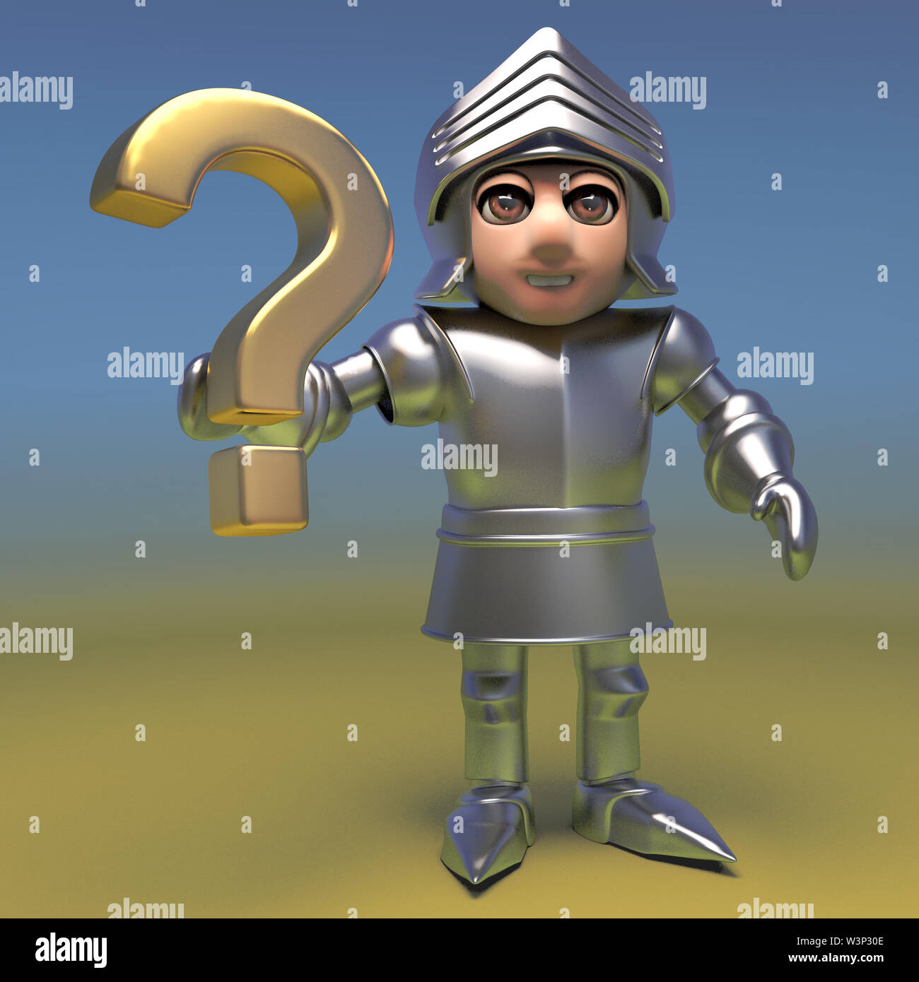 3d-mittelalterlichen Ritter in Metallplatte Armor Holding ein gold Fragezeichen, 3d-Grafik rendern Stockfoto