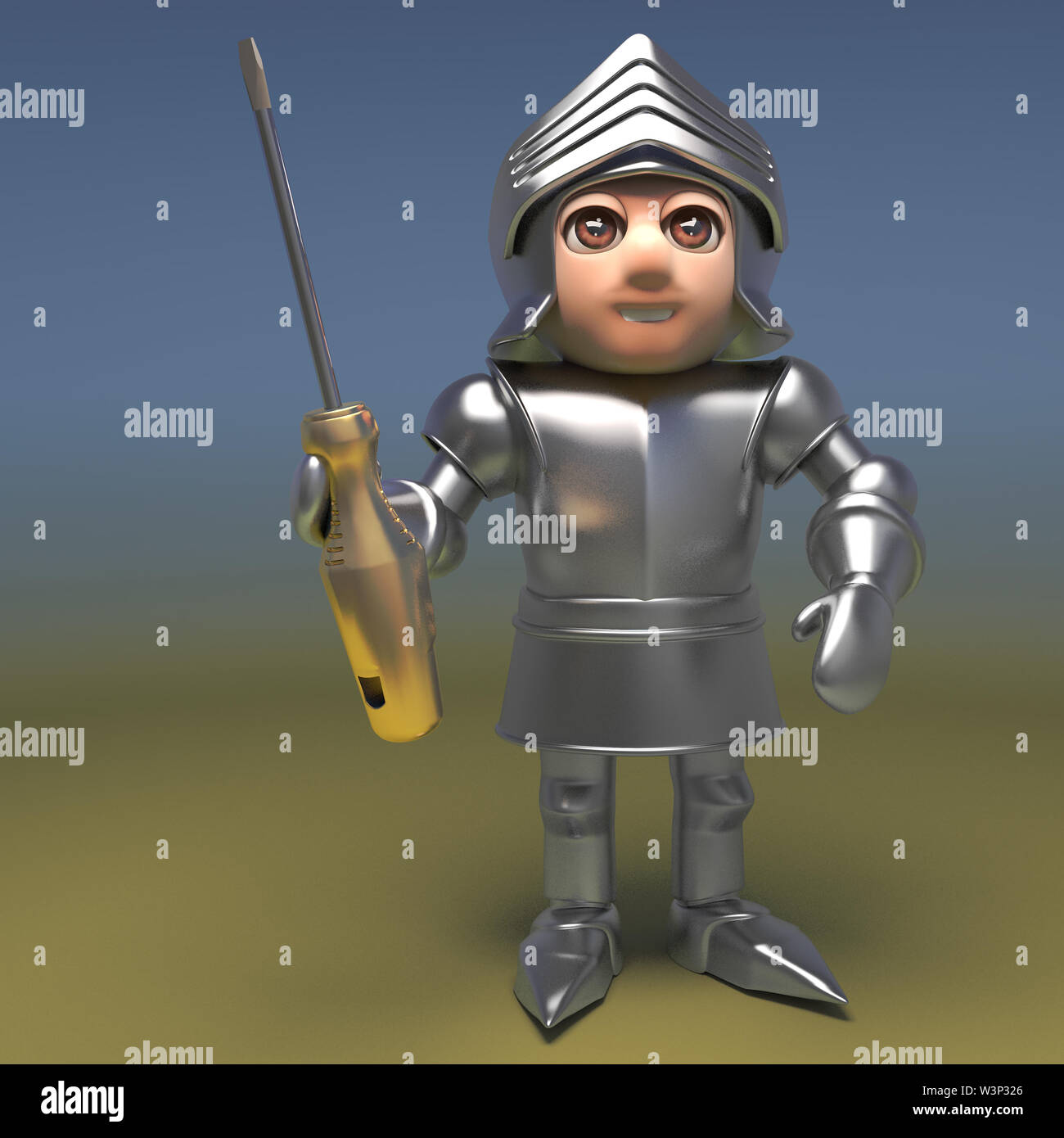 Cartoon 3d-mittelalterlichen Ritter in voller Platte Armor Holding eine goldene Schraubendreher, 3d-Grafik rendern Stockfoto