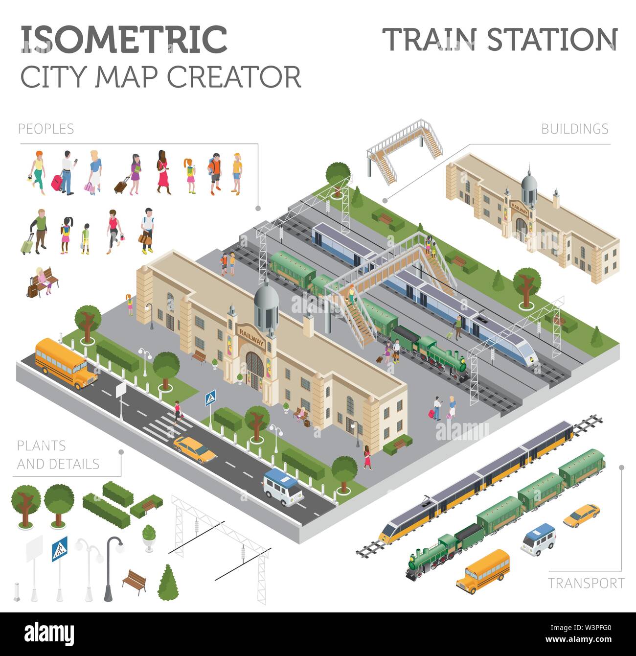 3d-isometrische Bahnhof und Stadtplan Konstruktor Elemente isoliert auf Weiss. Ihre eigene Bahn Infografik Sammlung aufzubauen. Vector Illustration Stock Vektor
