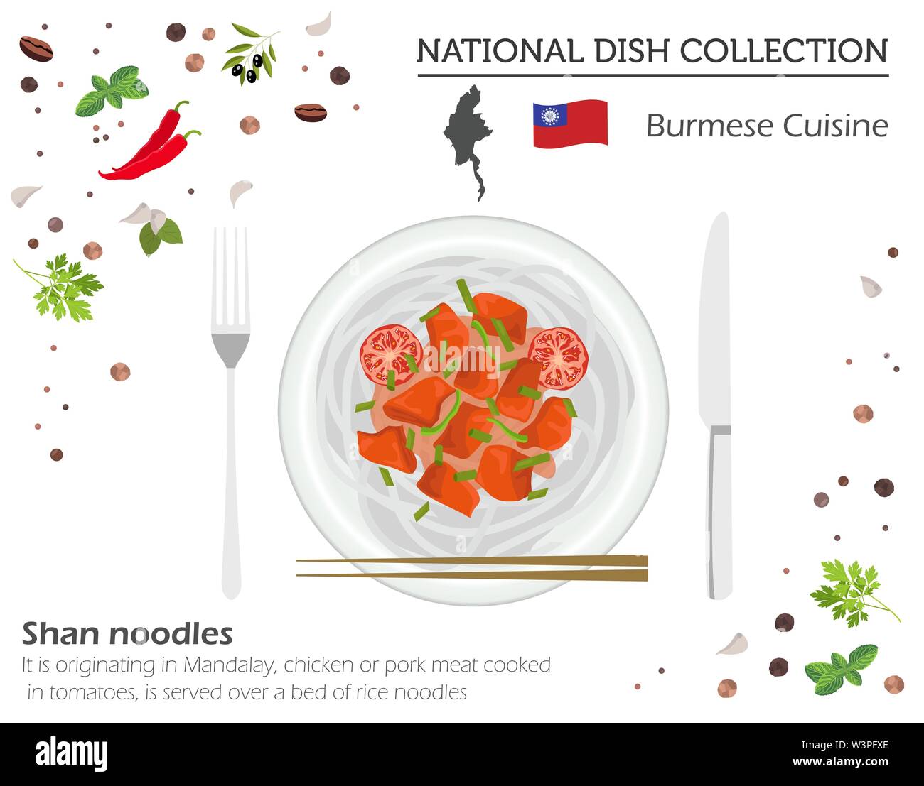 Die burmesische Küche. Asiatische Nationalgericht Sammlung. Shan Nudeln isoliert auf Weiss, infograpic. Vector Illustration Stock Vektor