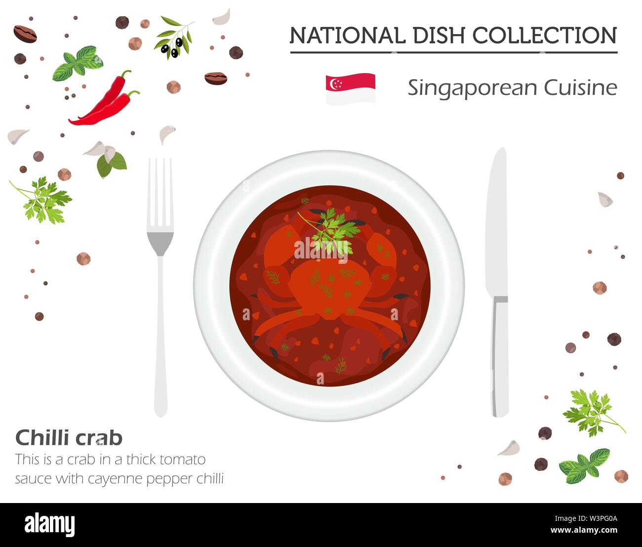 Singapurische Küche. Asiatische Nationalgericht Sammlung. Chili crab isoliert auf Weiss, infograpic. Vector Illustration Stock Vektor