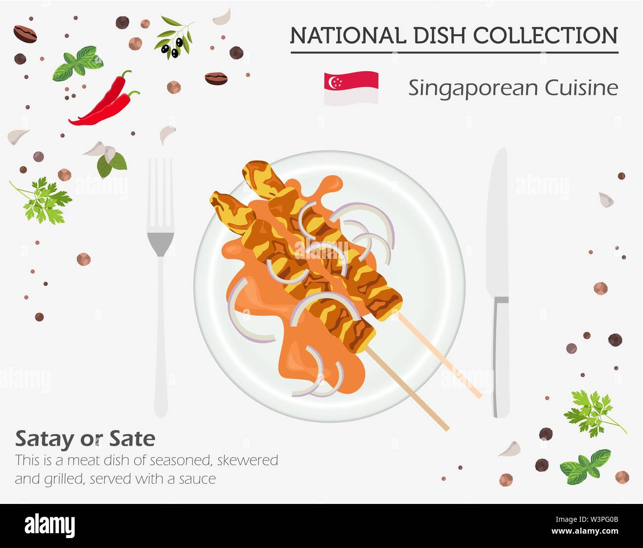 Singapurische Küche. Asiatische Nationalgericht Sammlung. Satay isoliert auf Weiss, infograpic. Vector Illustration Stock Vektor