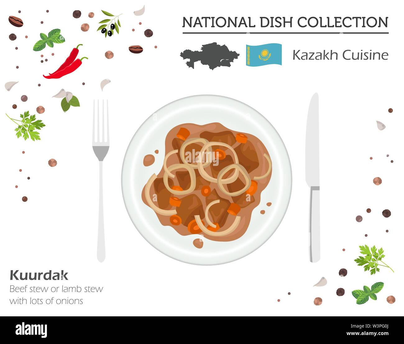 Kasachische Küche. Asiatische Nationalgericht Sammlung. Kuurdak isoliert auf Weiss, infograpic. Vector Illustration Stock Vektor