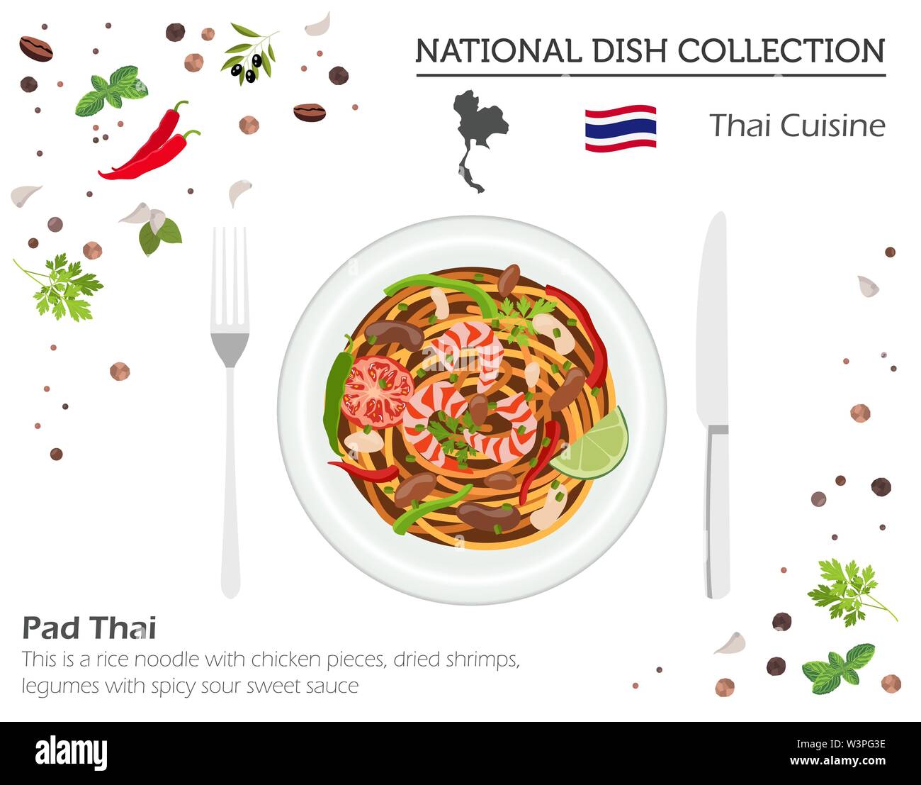 Thailändische Küche. Asiatische Nationalgericht Sammlung. Pad Thai isoliert auf Weiss, infograpic. Vector Illustration Stock Vektor