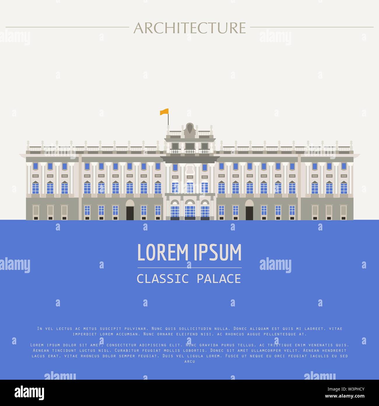 Stadtbild grafische Vorlage. Moderne Architektur. Vector Illustration von classic Royal Palace. Stadt Konstruktor. Mit Platz für Text Vorlage. Col Stock Vektor