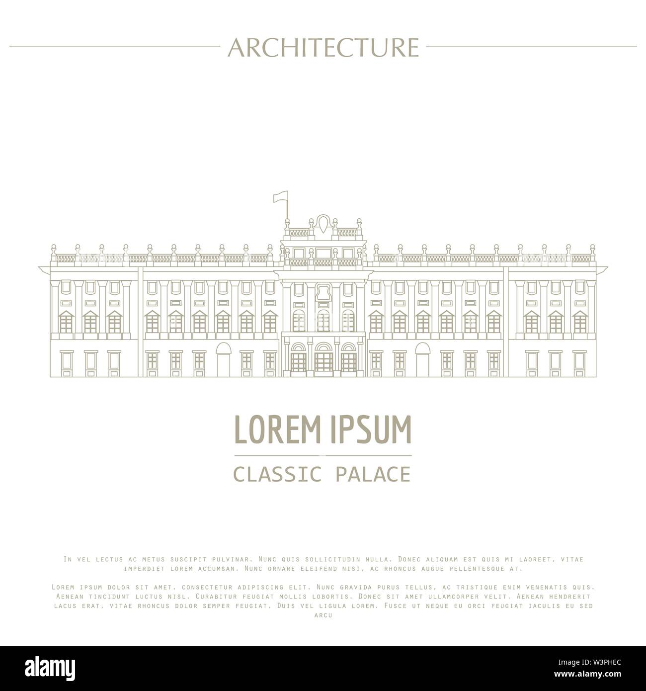 Stadtbild grafische Vorlage. Moderne Architektur. Vector Illustration von classic Royal Palace. Stadt Konstruktor. Mit Platz für Text Vorlage. Aus Stock Vektor