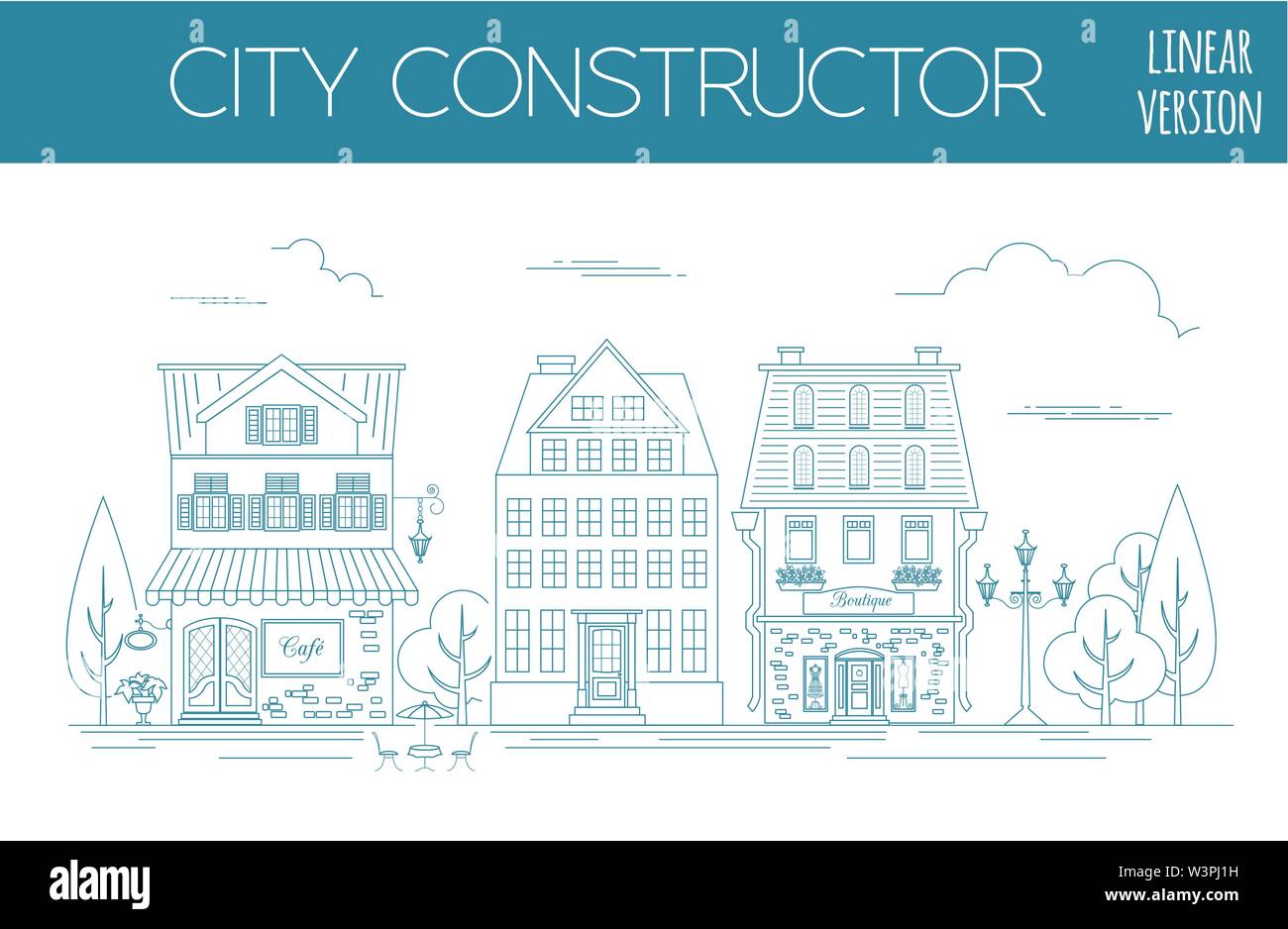 Große Stadt Map Creator. Outline Version. Haus Konstruktor. House, Cafe, Restaurant, Shop, Infrastruktur, Industrie, Verkehr, Dorf und Gebiete Stock Vektor