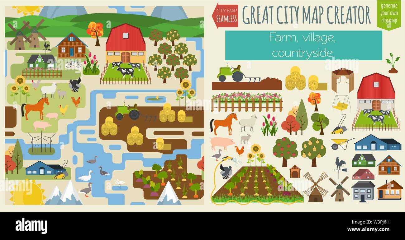 Große Stadt Map Creator. Seamless Pattern map. Dorf, Bauernhof, auf dem Land, der Landwirtschaft. Ihre perfekte Stadt machen. Vector Illustration Stock Vektor