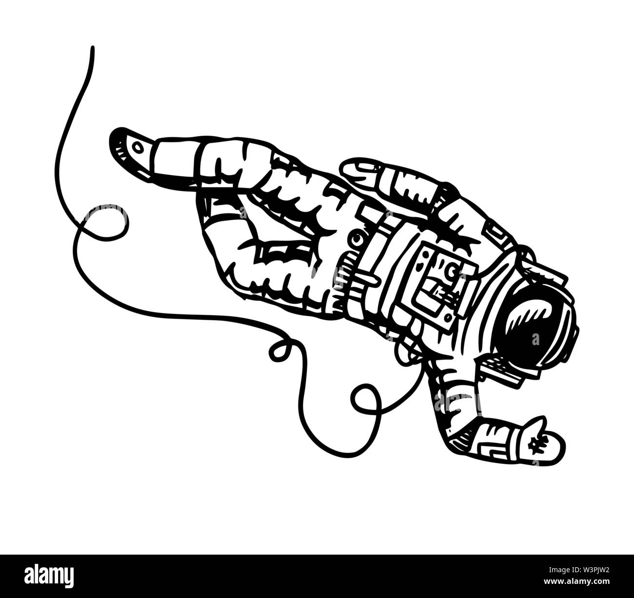 Astronaut fliegt im Raum. Spaceman erforscht die Galaxis Astronomie Skizze für Emblem oder Logo im Vintage Style. Hand gezeichnete Illustration in retro Doodle Stock Vektor