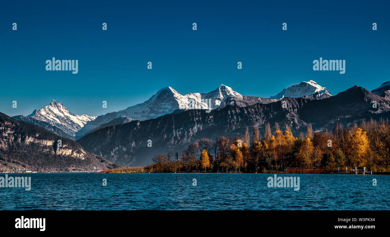 Ein goldener Herbst Tag im Berner Oberland mit Berner Alpen, Kanderdelta und Thunersee. Stockfoto