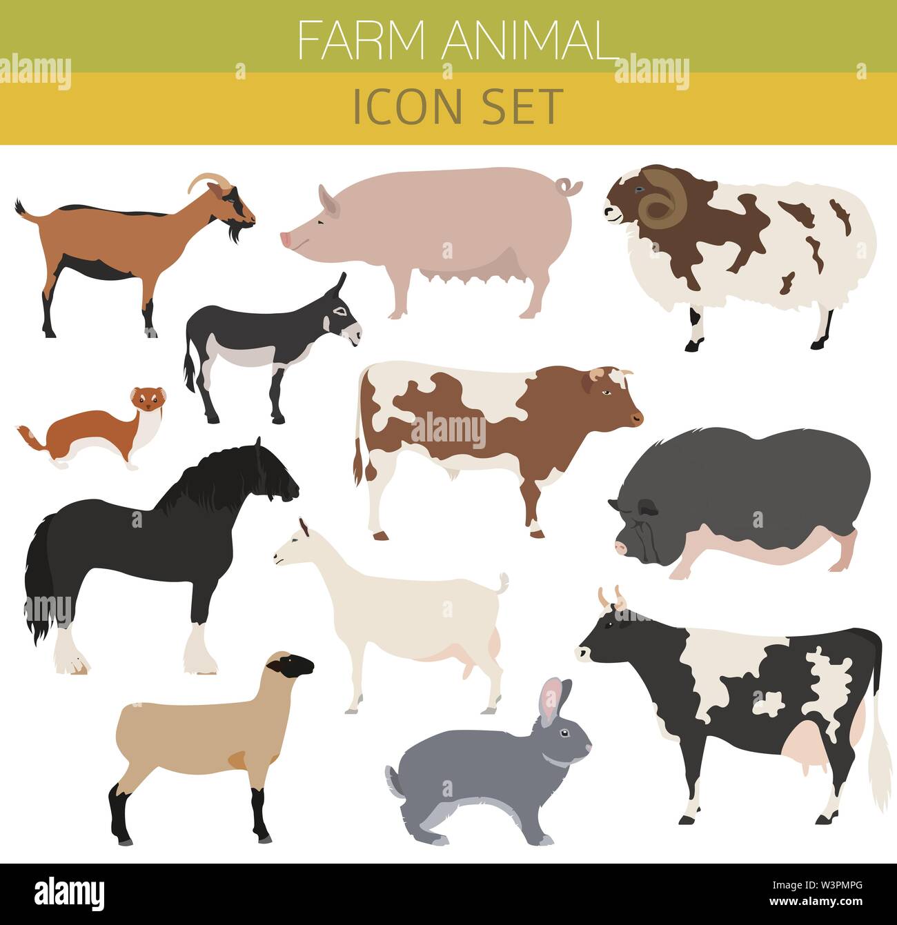 Tierhaltung, Tierzucht. Die Rinder-, Schweine-, Ziegen-, Schiff, Pferd, Esel, Kaninchen, Fell Icon Set isoliert auf Weiss. Flache Bauform. Vector Illustration Stock Vektor