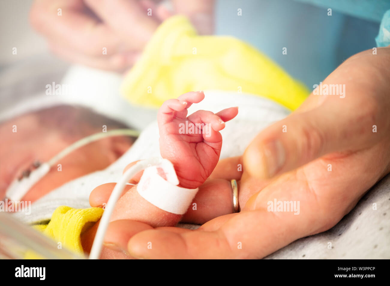 Die Mutter von Hand und vorzeitiger neugeborenen Kind in ICU-Krankenhaus Zimmer mit Monitor Stockfoto