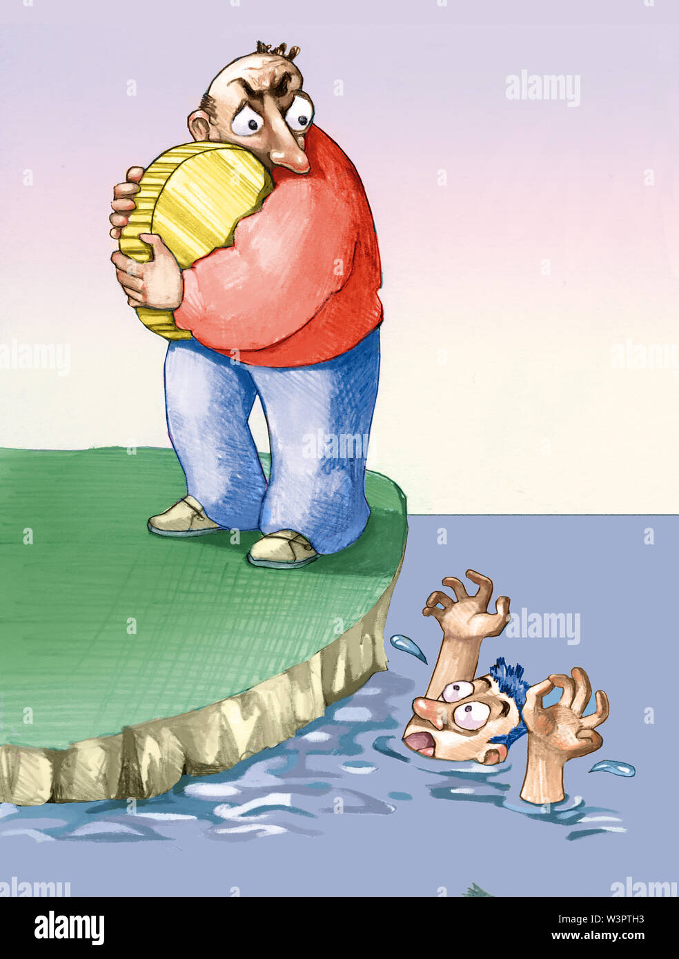 Während ein Mann ertrinkt ein anderes statt ihn speichern bleibt umarmt zu seinem großen Währung Metapher von der Angst, dass der durchschnittliche Mann hat der Einwanderung ein Stockfoto