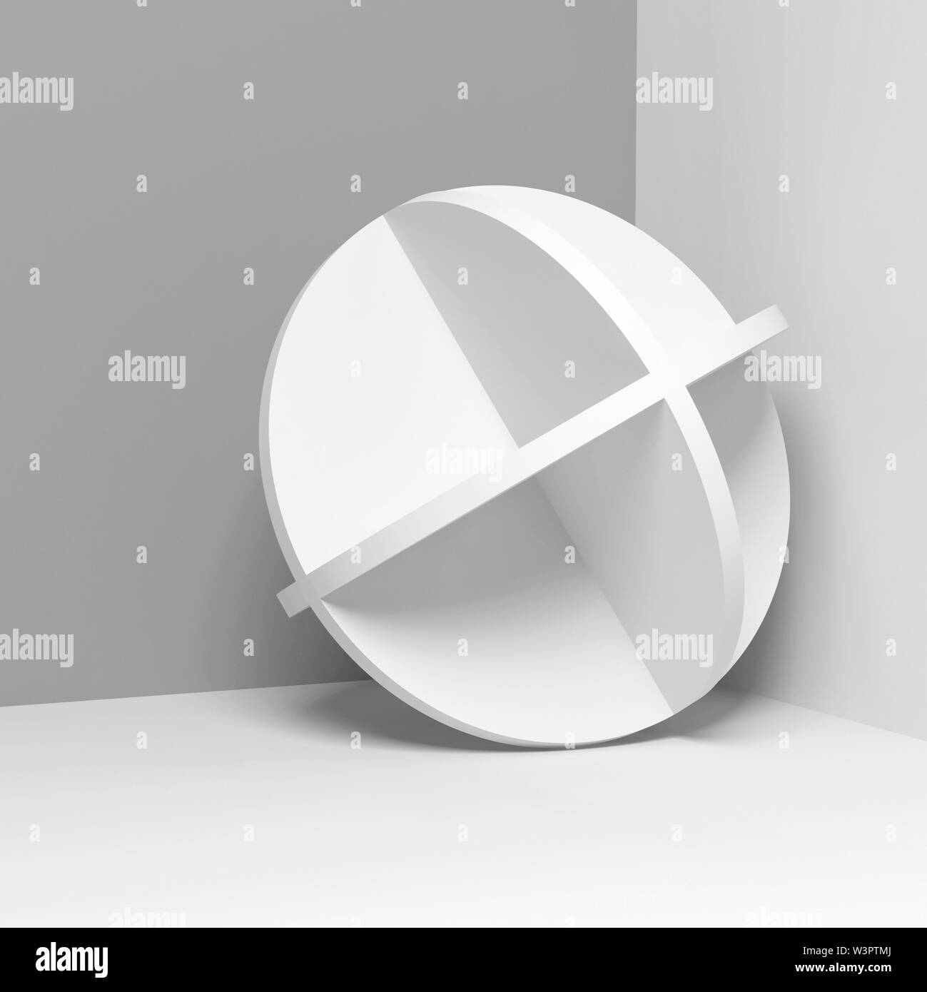 Abstrakte weiße runde Objekt steht in einer Ecke, Quadrat 3D Rendering illustration Stockfoto