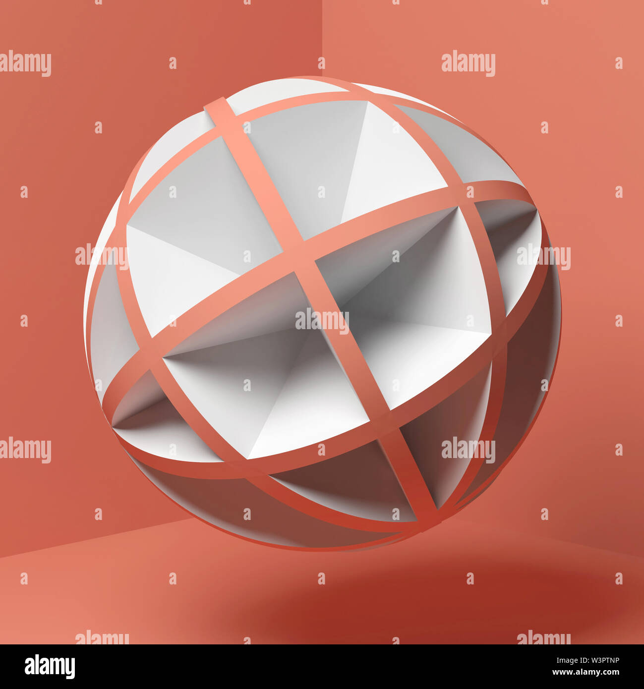 Abstrakt rot weißen kugelförmigen in leeren rosa Zimmer fliegen, Quadrat 3D Rendering illustration Stockfoto