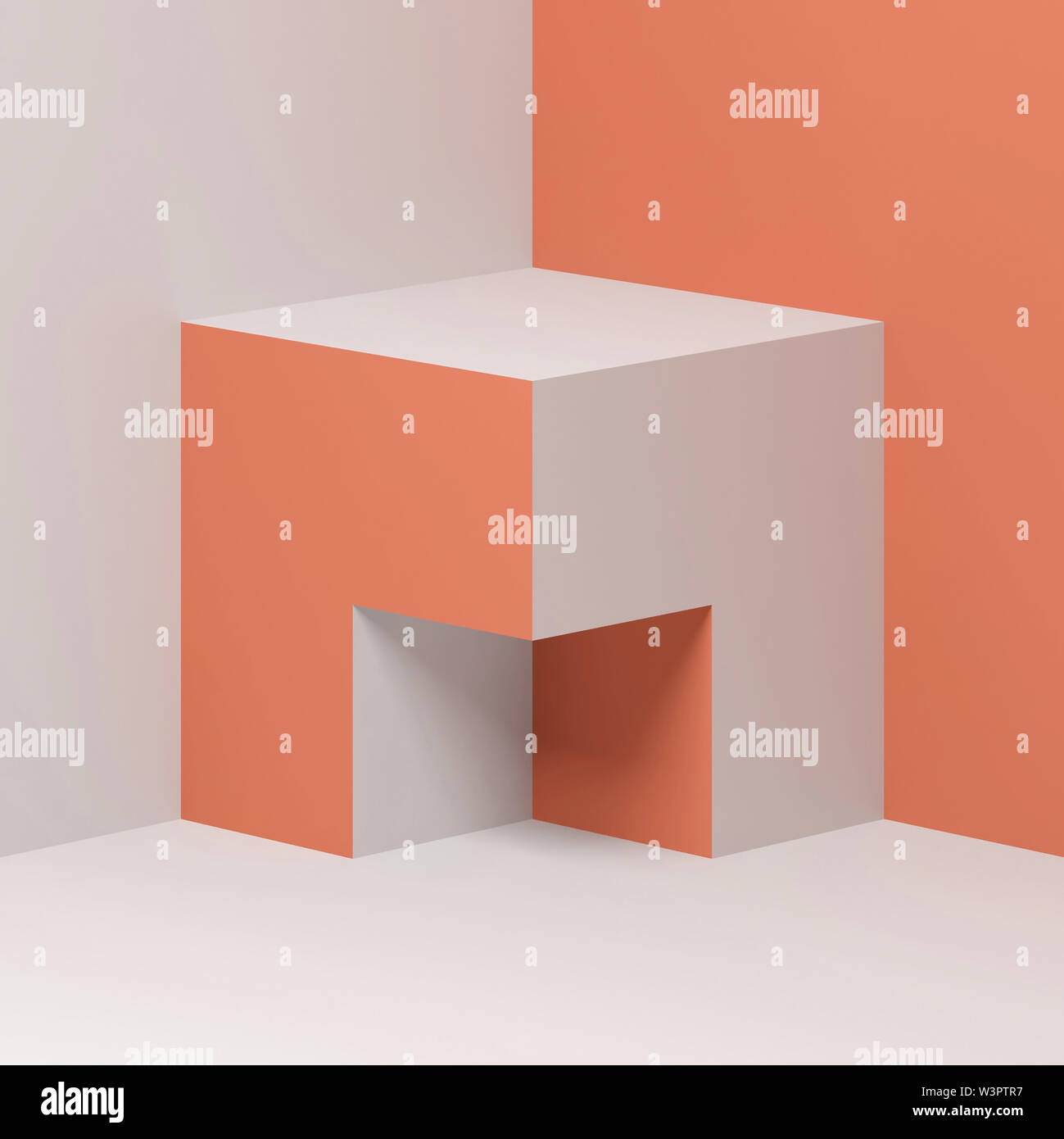 Abstrakt rot weißen würfelförmigen Objekt steht in leere Ecke, minimale Architektur Hintergrund. Platz 3D Rendering illustration Stockfoto
