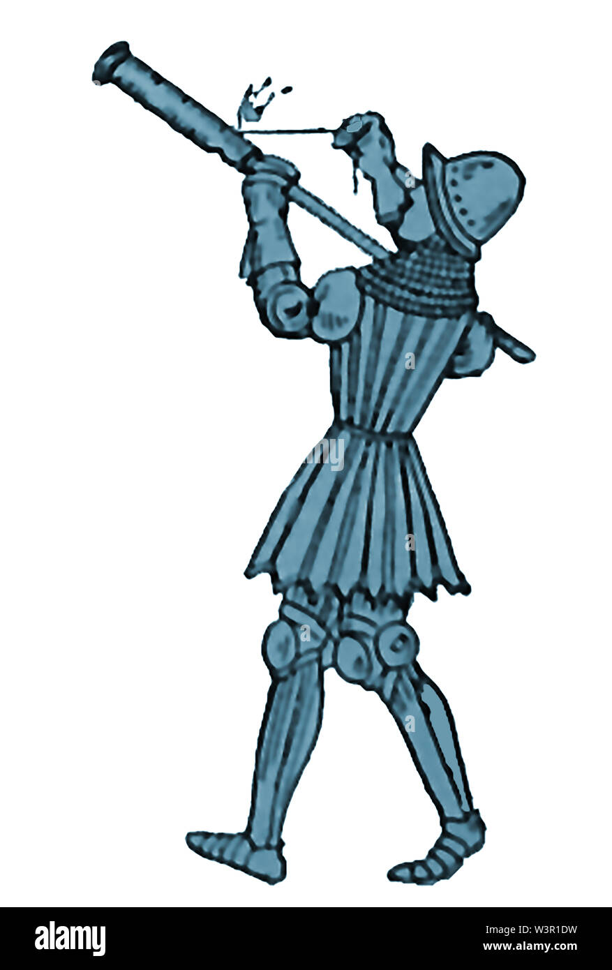 15. Jahrhundert Kriegsführung - ein Soldat gunman Brennen eine frühe Form der Waffe (die Hand cannon, gonne oder handgonne) durch manuelle Zündung durch ein Loch bei Beleuchtung mit einem schwelbrand Sicherung gefeuert. Stockfoto