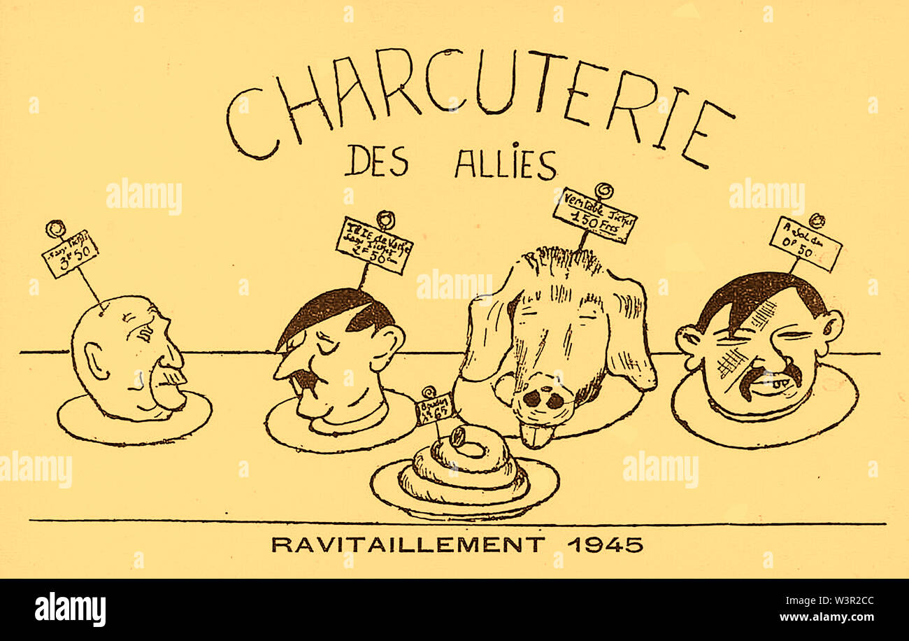Eine französische WWII Cartoon 1945/satirischen Postkarte mit Bestimmungen für die Truppen in der Form des Staats alle Führer der Feind als kaltes Fleisch für den Verzehr (Wurstwaren) Jede auf einer Platte. ('ReRache ist am besten kalt serviert") Stockfoto