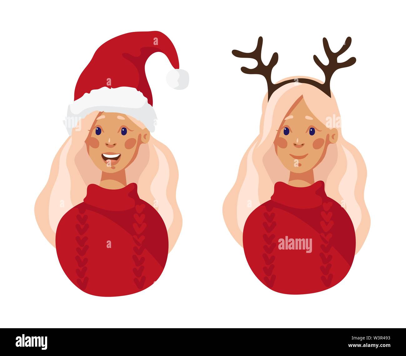 Frohe Weihnachten. Mädchen in Santa Hut und Hörner eines Hirsches. Weihnachten Maskerade. Flache Cartoon Stil Vector Illustration auf weißem Hintergrund. Stock Vektor