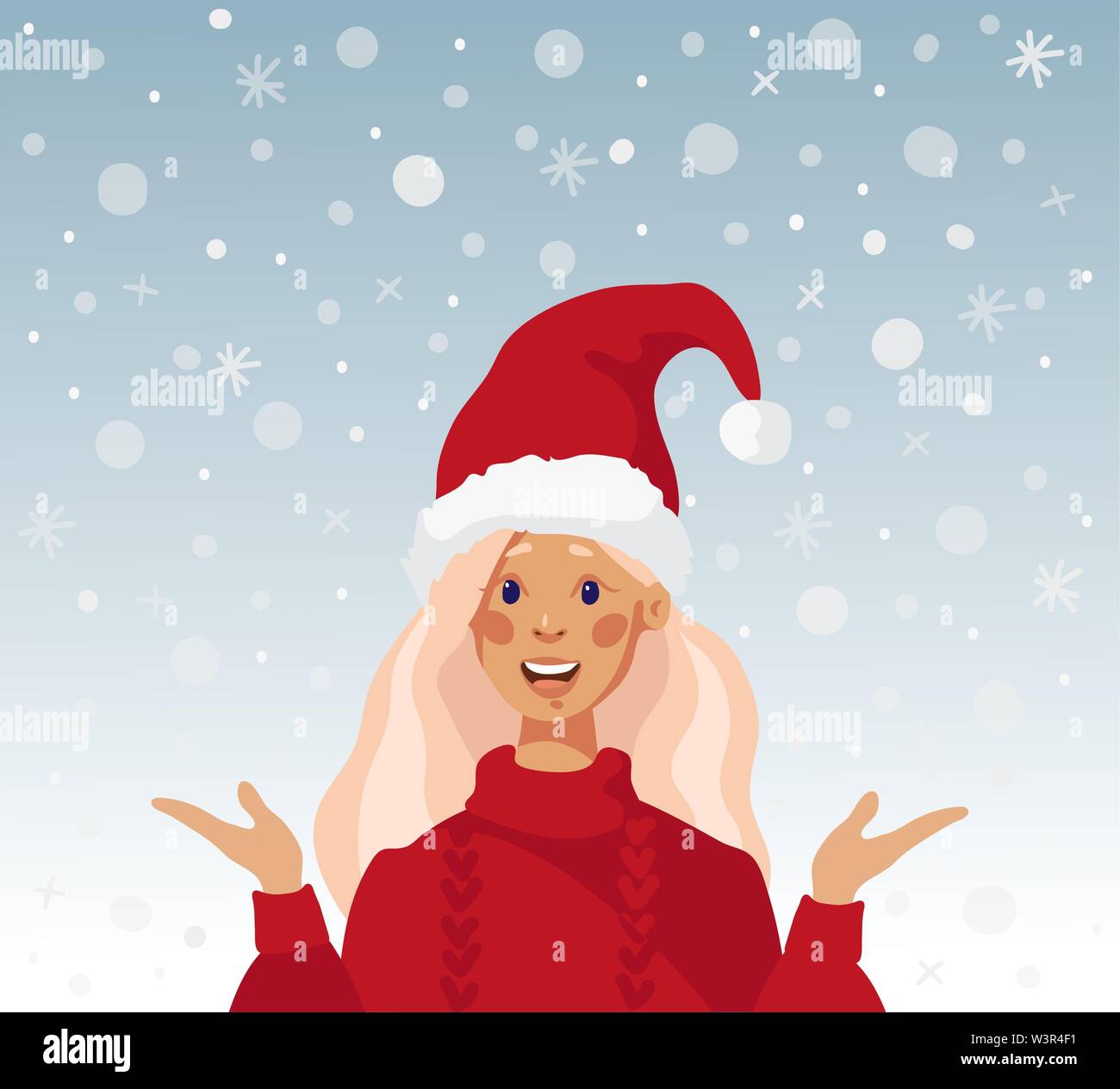 Schöne Mädchen in einem Santa hat. Weihnachtskarte mit Mädchen und Schnee. Frohe Weihnachten flach Cartoon Stil Vector Illustration auf weißem Hintergrund. Stock Vektor