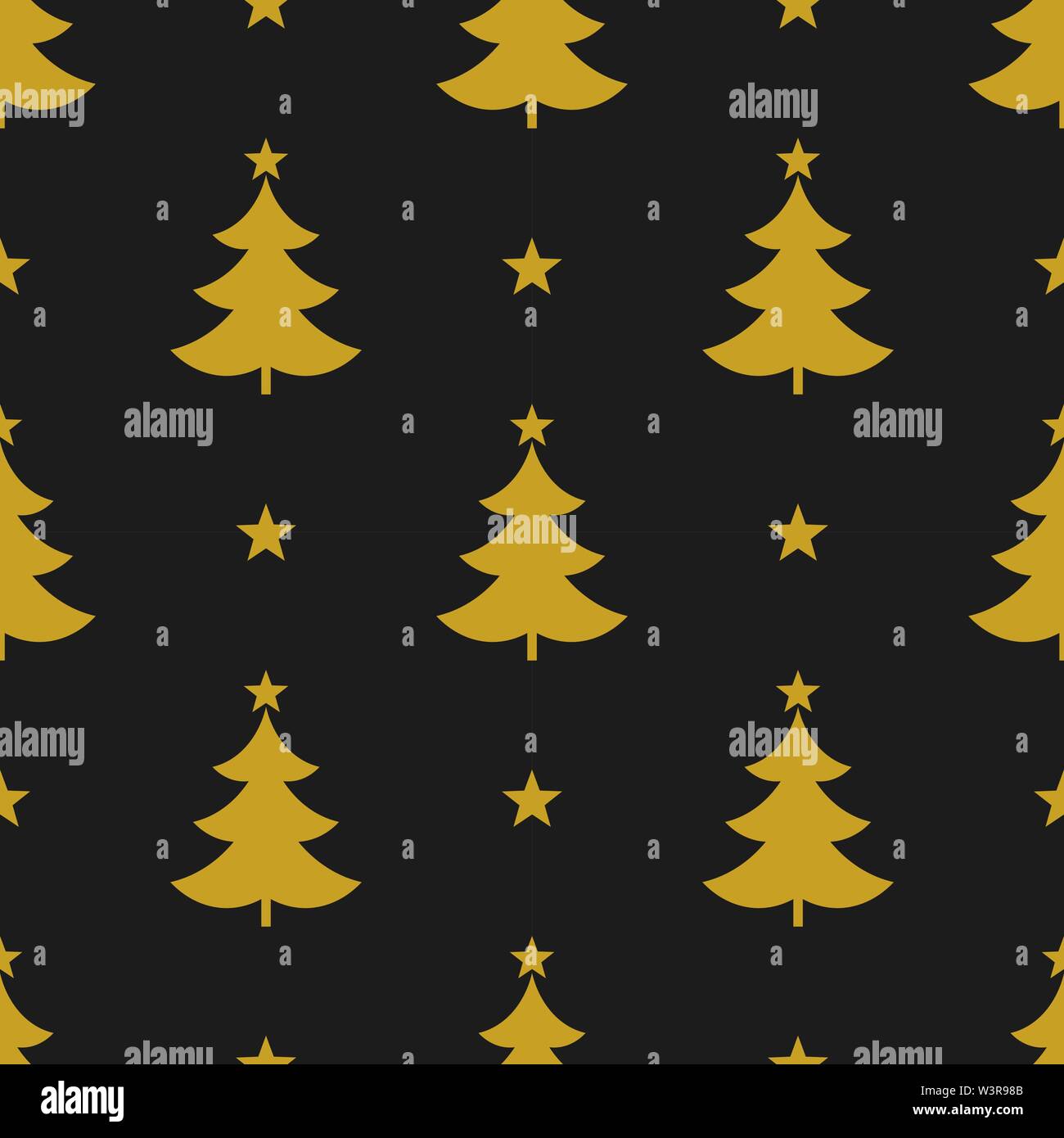 Weihnachten Bäume und Sterne nahtlose Gold Muster. Schwarzen Hintergrund. Stock Vektor