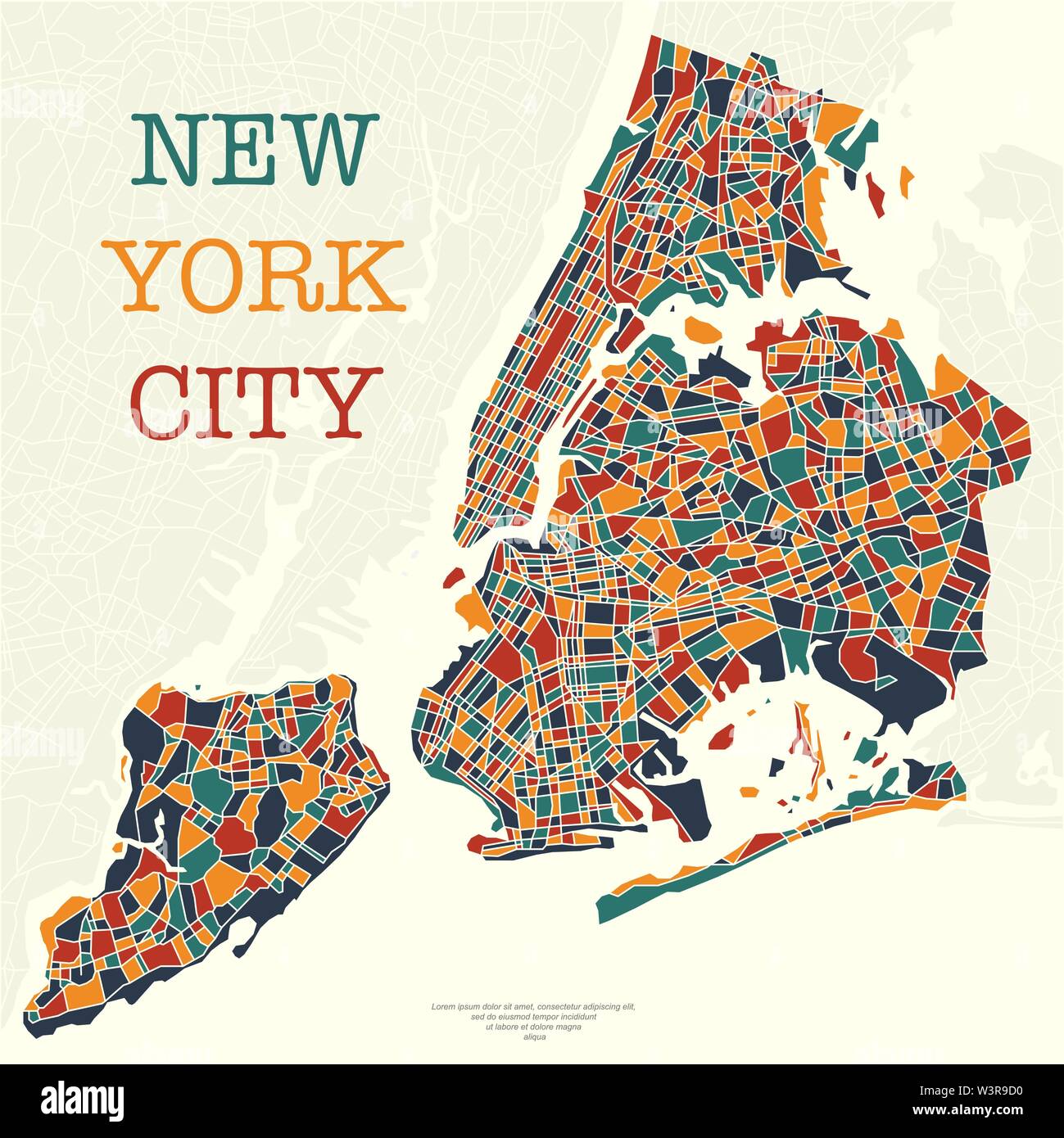 New York City Map verschiedene Farben und Muster text Stock Vektor