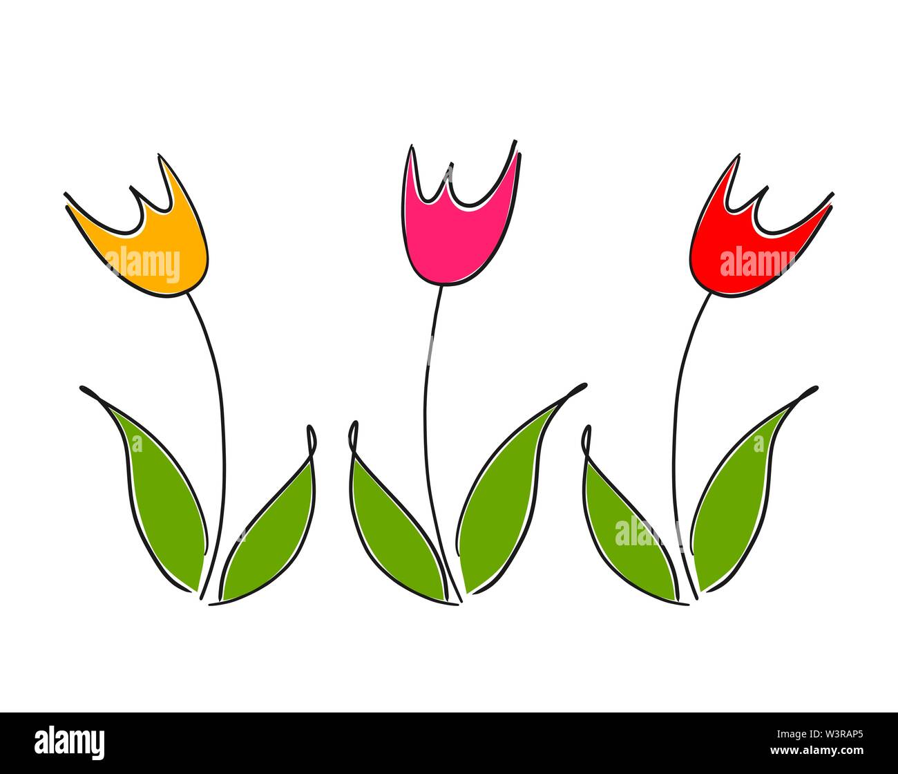 Die drei bunte Tulpen Frühling Blumen. Doodle style Vector Illustration. Stock Vektor