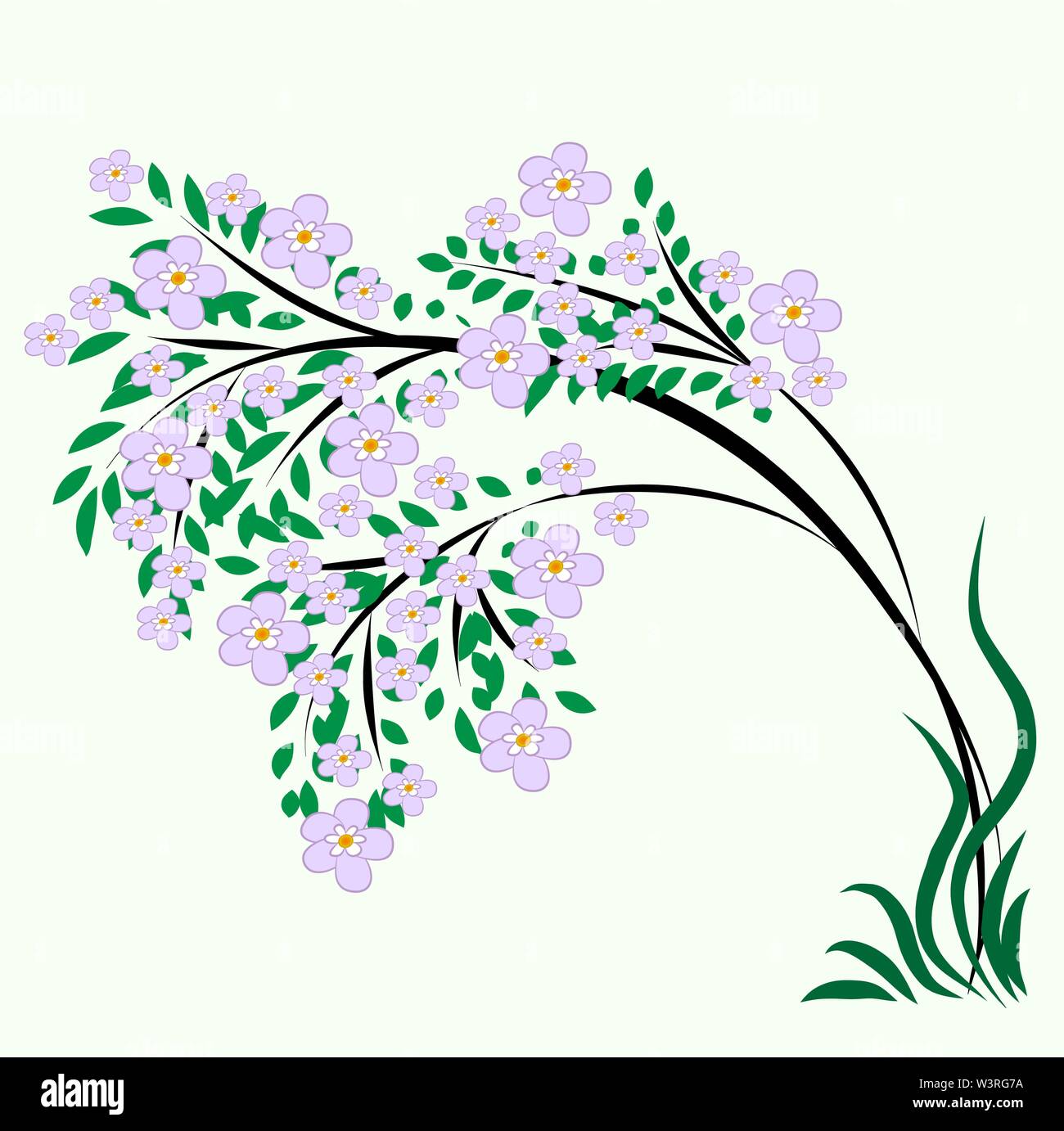 Blooming Tree-Grafik. Ein dünner Baum übersät mit riesigen violetten Blüten und beugte sich aus dem Gewicht der prächtigen Krone. Illustration, Design. Vec Stock Vektor