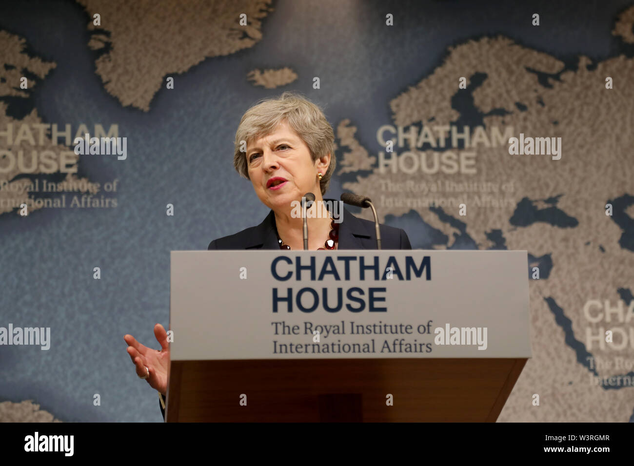 London/Großbritannien - 17 Juli, 2019: Der britische Premierminister Theresa May gibt ihr letzte große Rede vor Rücktritt, im Chatham House in London. Stockfoto