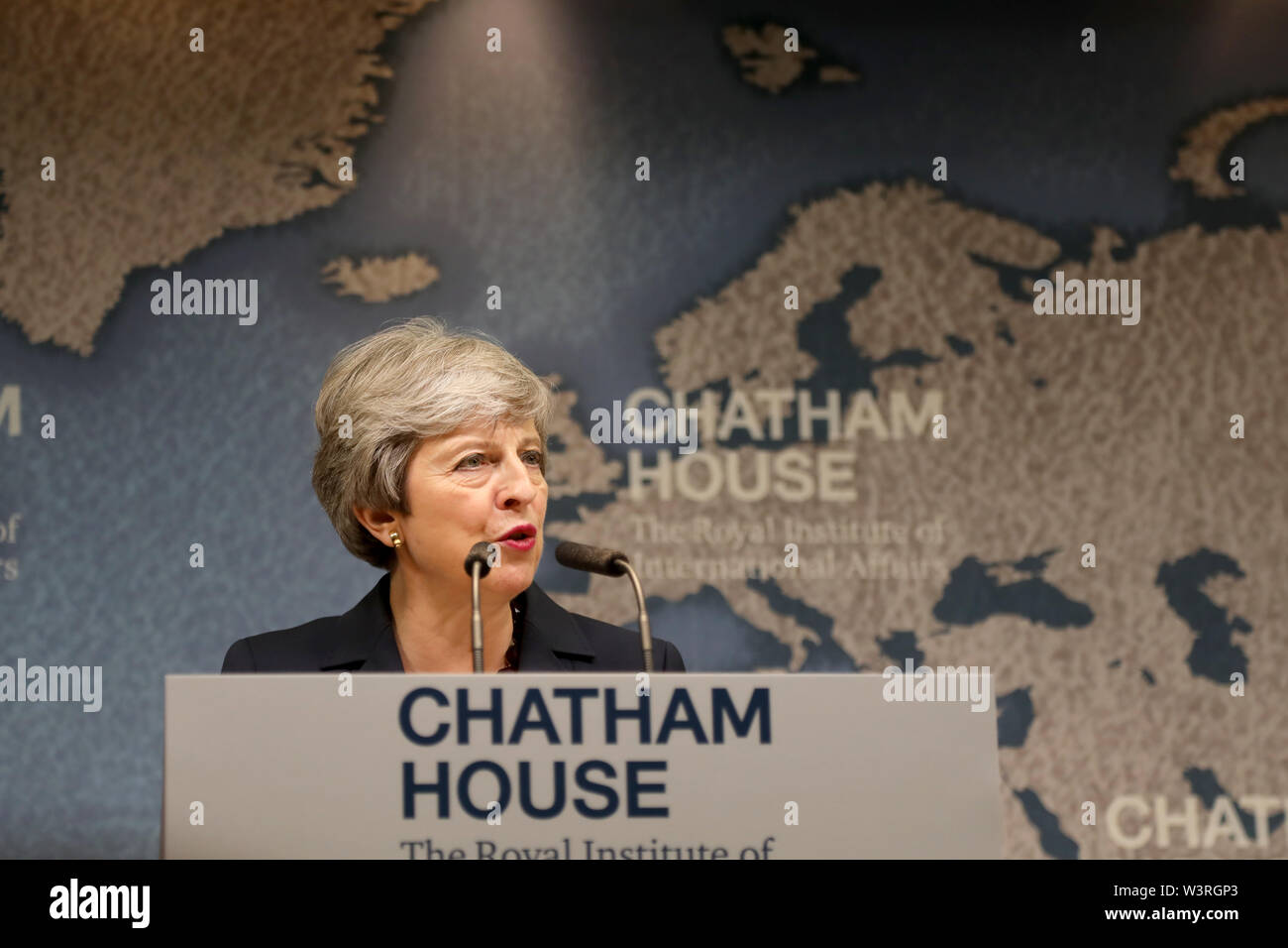 London/Großbritannien - 17 Juli, 2019: Der britische Premierminister Theresa May gibt ihr letzte große Rede vor Rücktritt, im Chatham House in London. Stockfoto