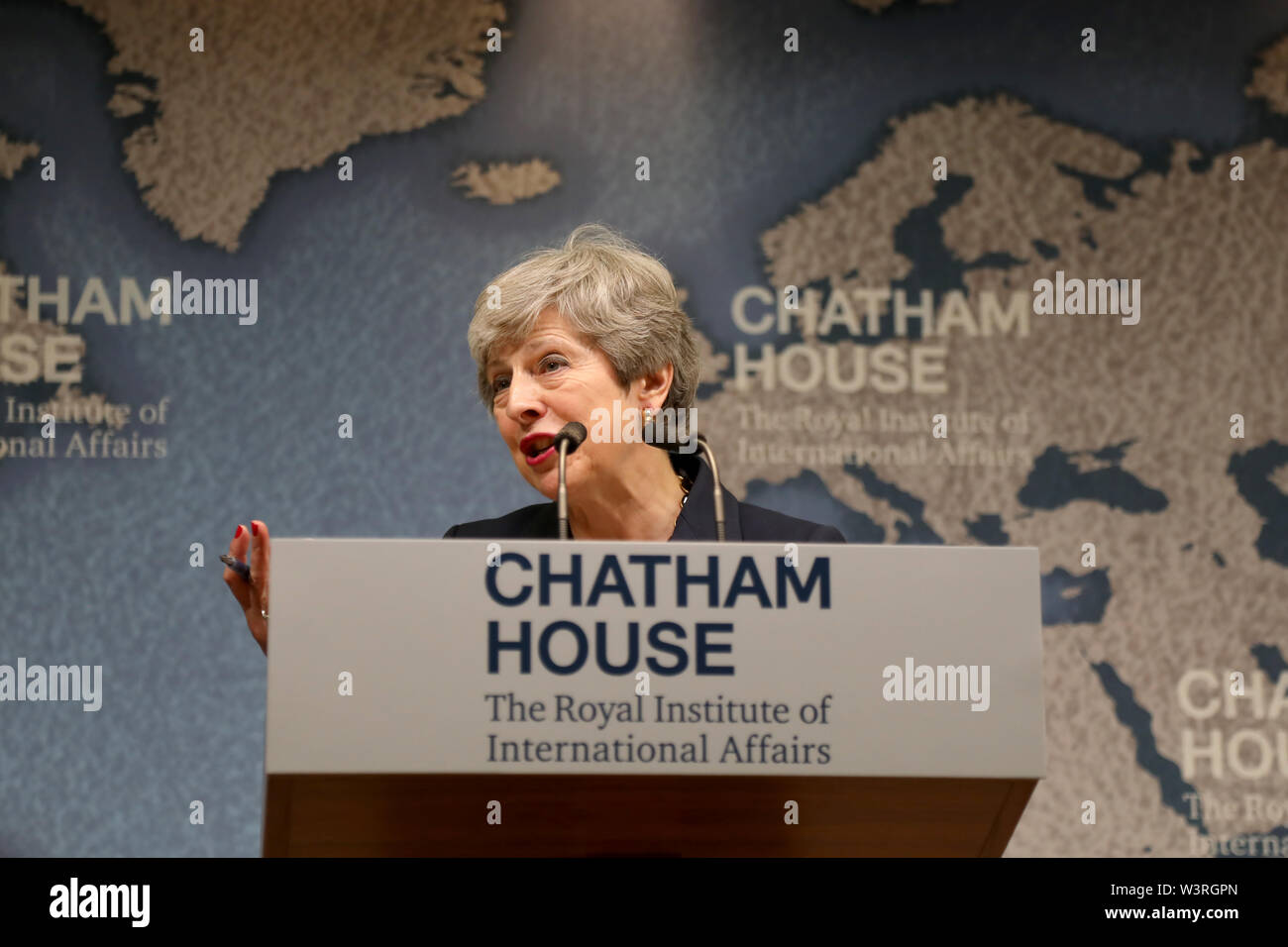 London/Großbritannien - 17 Juli, 2019: Der britische Premierminister Theresa May gibt ihr letzte große Rede vor Rücktritt, im Chatham House in London. Stockfoto