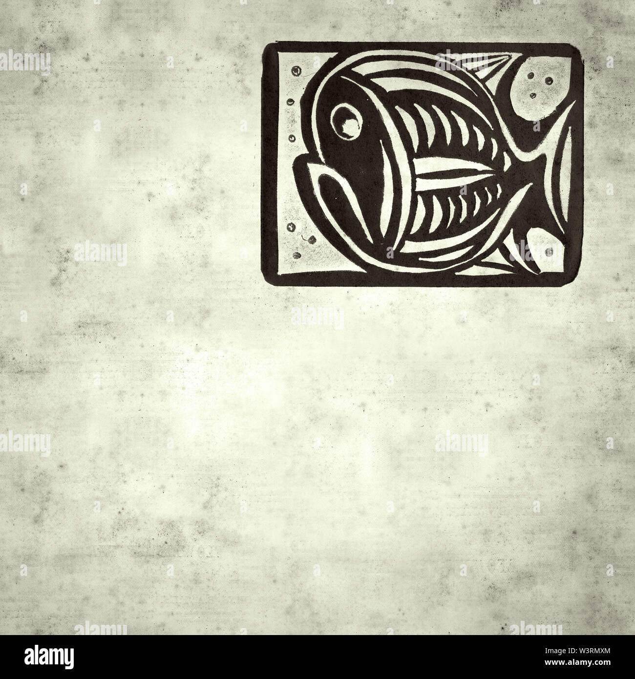 Texturierte stilvolle alte Papier Hintergrund, quadratisch, mit Fisch drucken Stockfoto