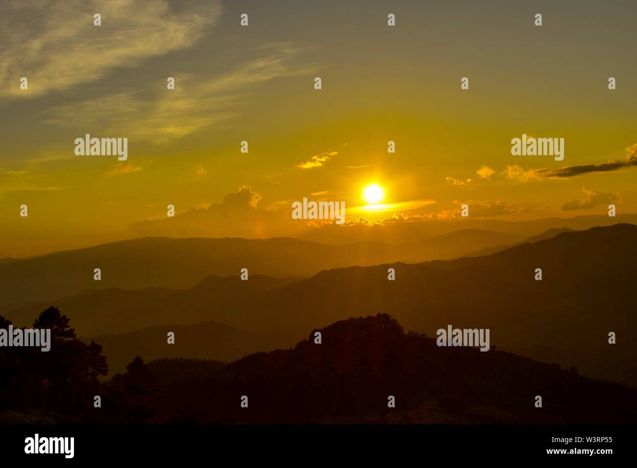 Sonnenuntergang am Doi Chang mub Mae Fa Luang Chiang Rai Thailand. Stockfoto